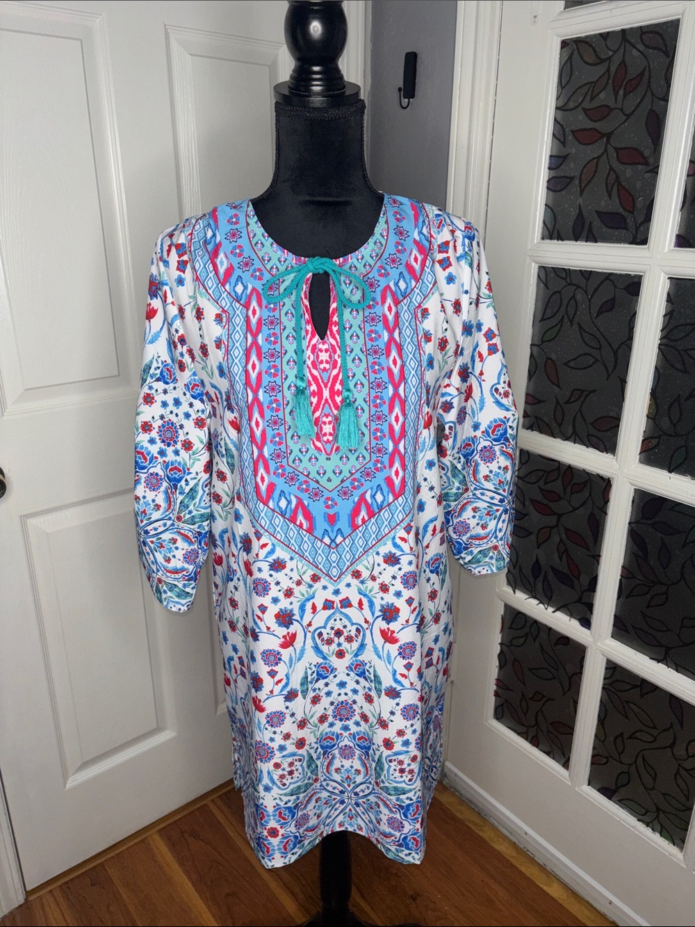 Blue & White Printed Long-Sleeve Tie-Front Tunic Dress